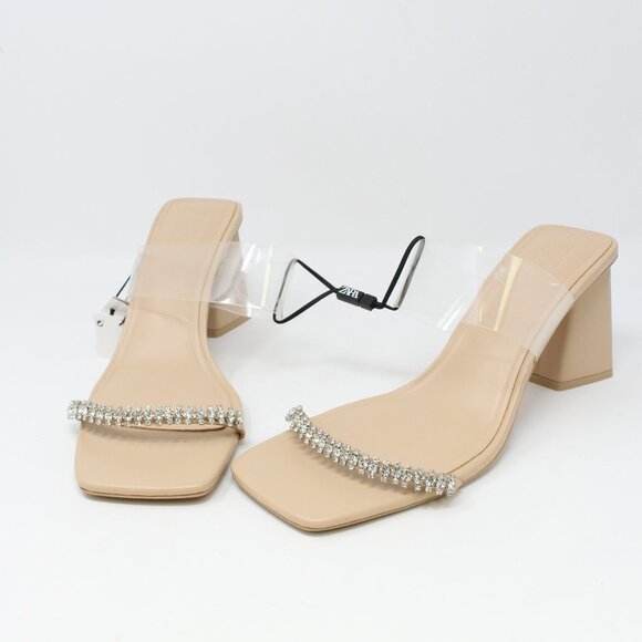 Zara‎ Clear & Rhinestone Block Heels Nude Size 42 - Picture 1 of 7